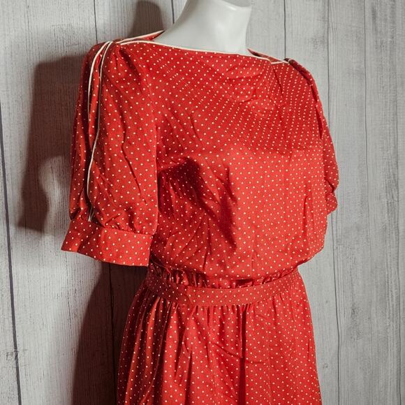 VTG 70s JCPenney Red & White Polka Dot Day Dress w Puff Sleeves - Picture 2 of 6